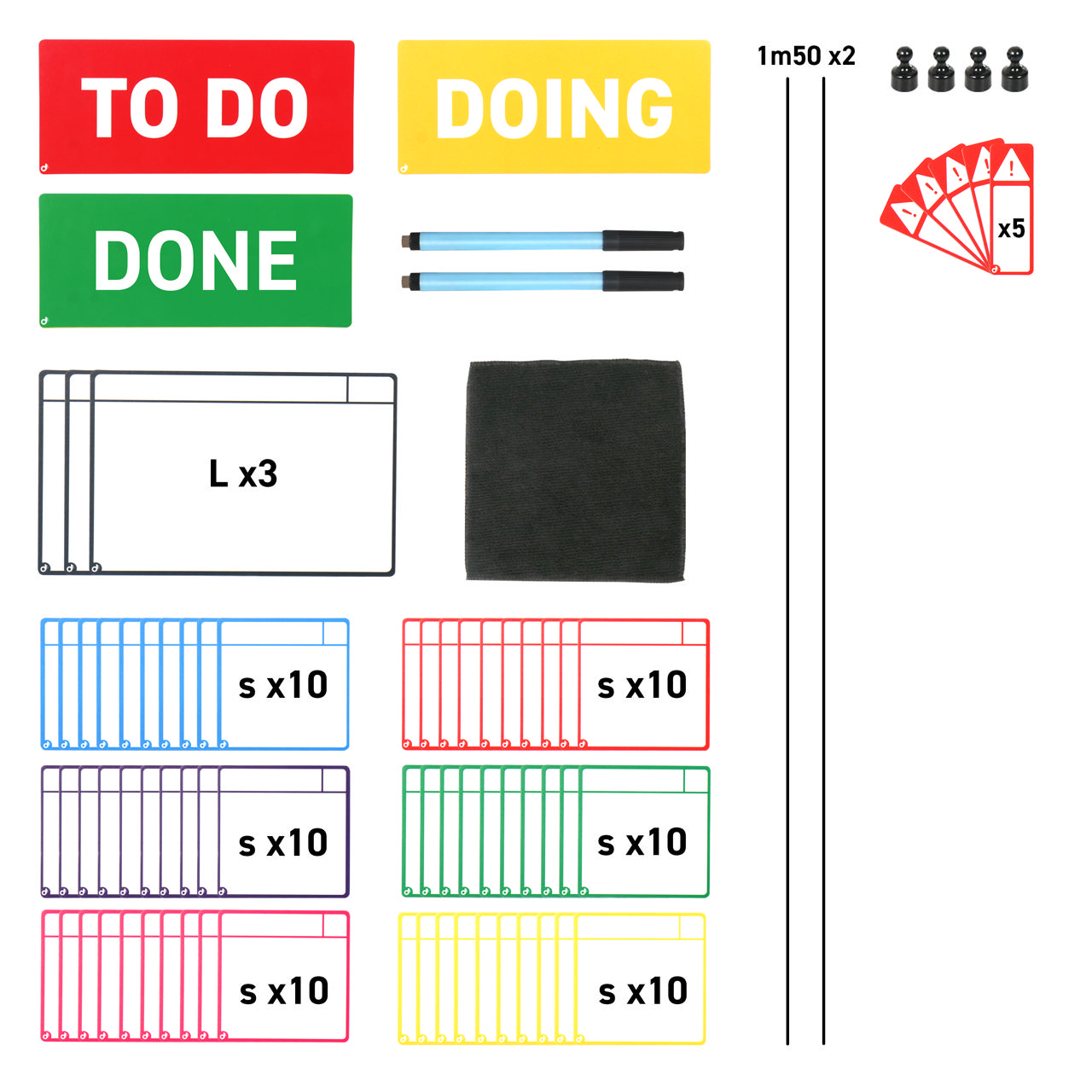 Kit tarjetas Magnéticas para pizarras Kanban, 3 columnas, tarjetas S